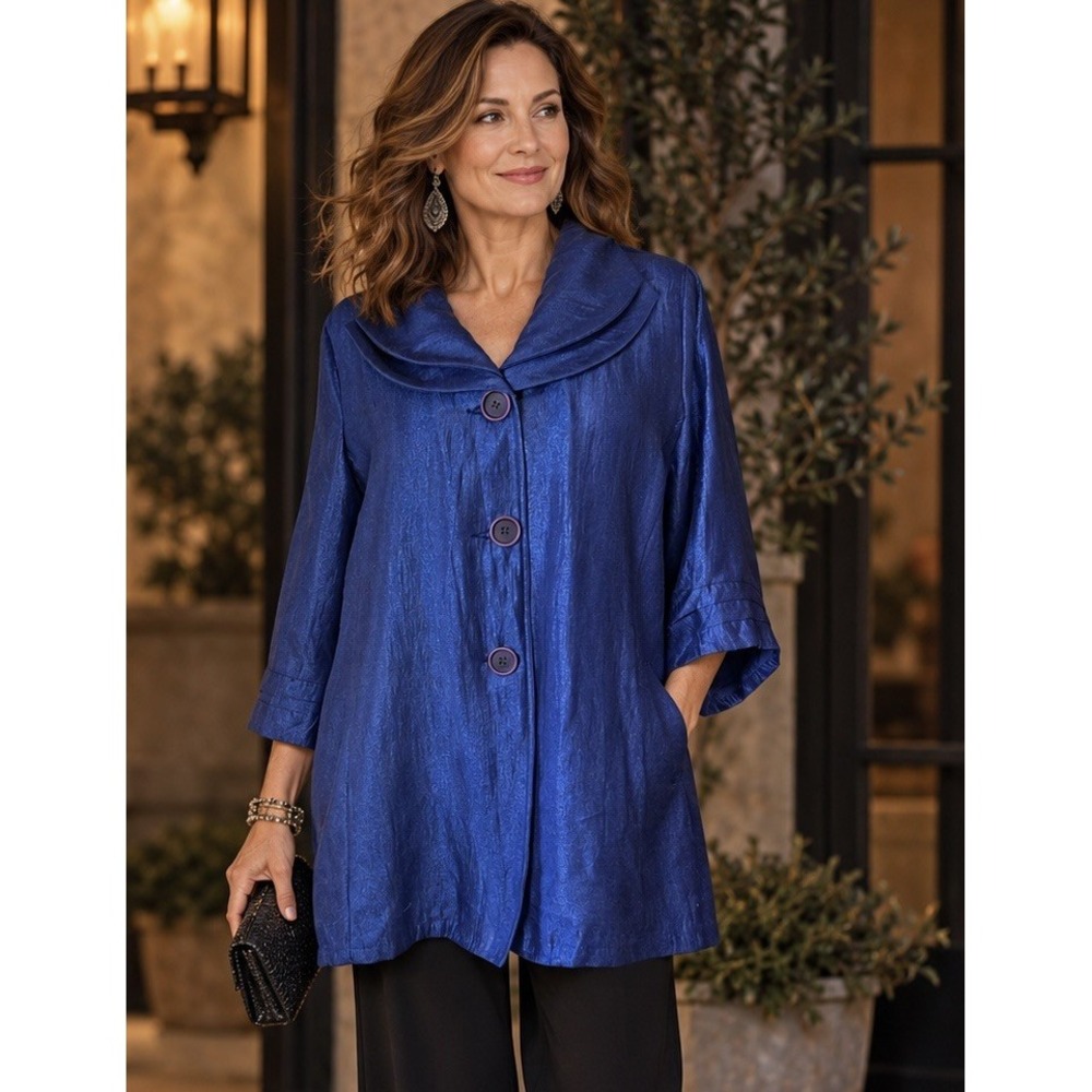 DAMEE INC Shimmery Swing Statement Jacket XL 3/4 Sleeve Art to Wear Lagenlook